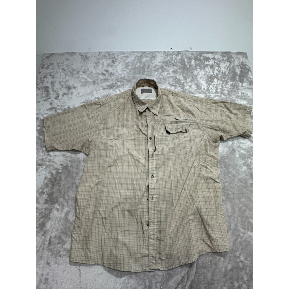 Wrangler Button Up Shirt Mens Size 2XL Beige Multi-Pocket Short Sleeve Plaid